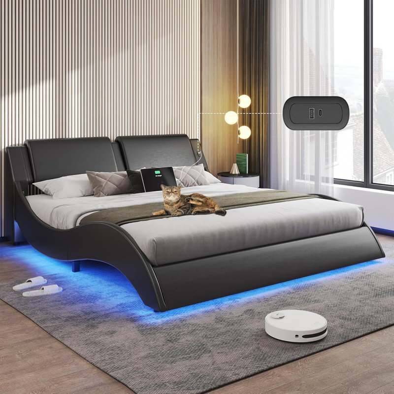 Led Bed Frame With Charging Ports And Headboard Modern Low Profile Platform Bed Frame With Led Lights Wave Like Curve Led Bed Frame,wood Slats Support,easy Assembly,black