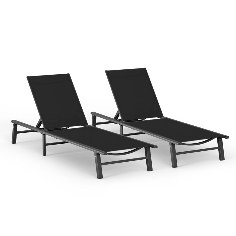 Outdoor Patio Aluminum Chaise Lounges With Adjustable Reclining Back (Set of 2), Black