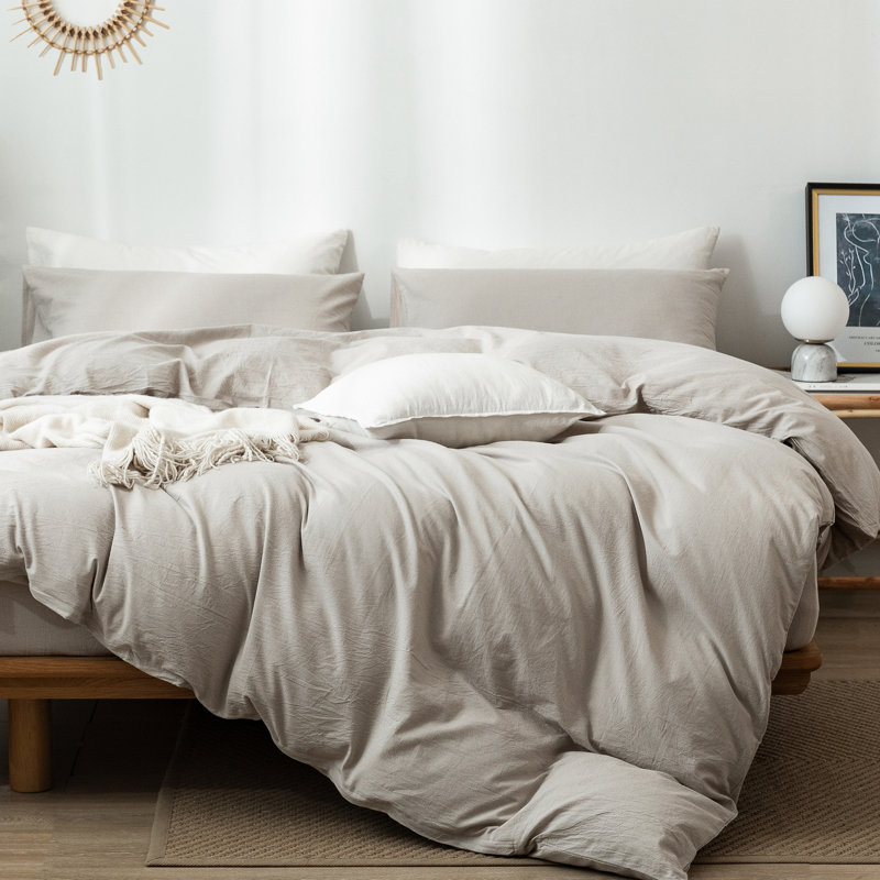 Super King Cream Gray Linen-Like Cotton Duvet Cover Set