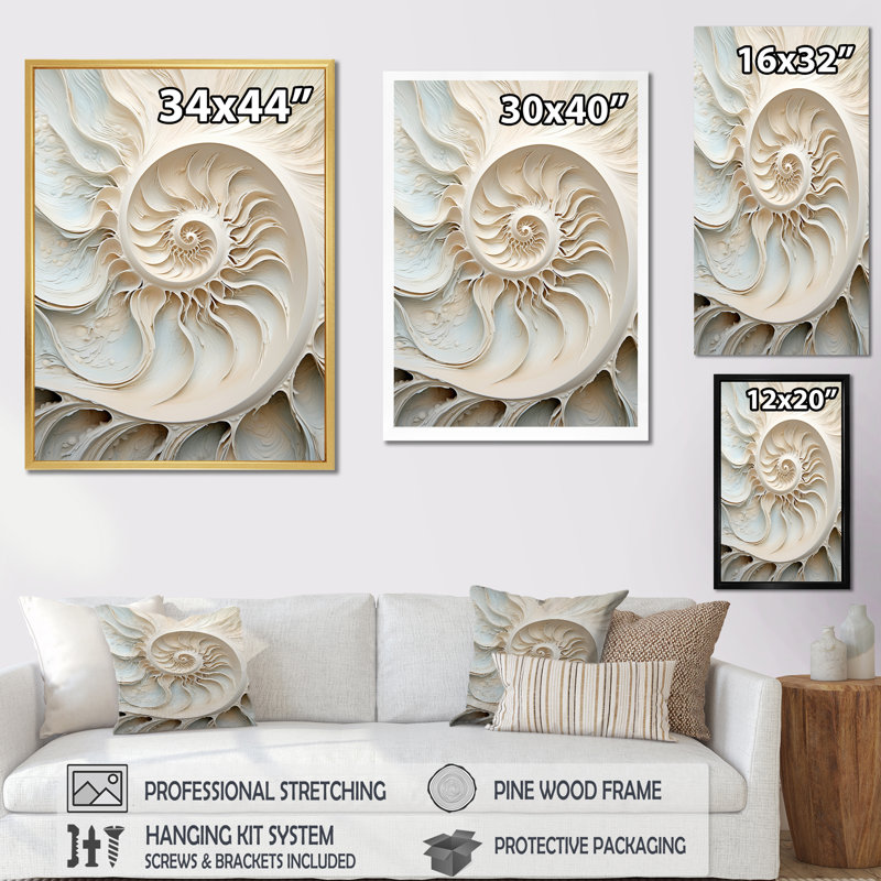 Ivoire Infinity Sea Sheel Spiral sur toile, 32" H x 24" W, Silver Picture Framed