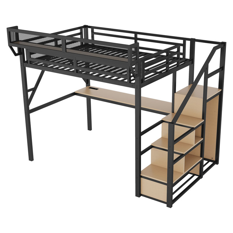 Full Size Metal Loft Bed with Desk, Stairs, LED Light & Charging Station, Space-Saving Bed for Kids and Teens, Black, Full