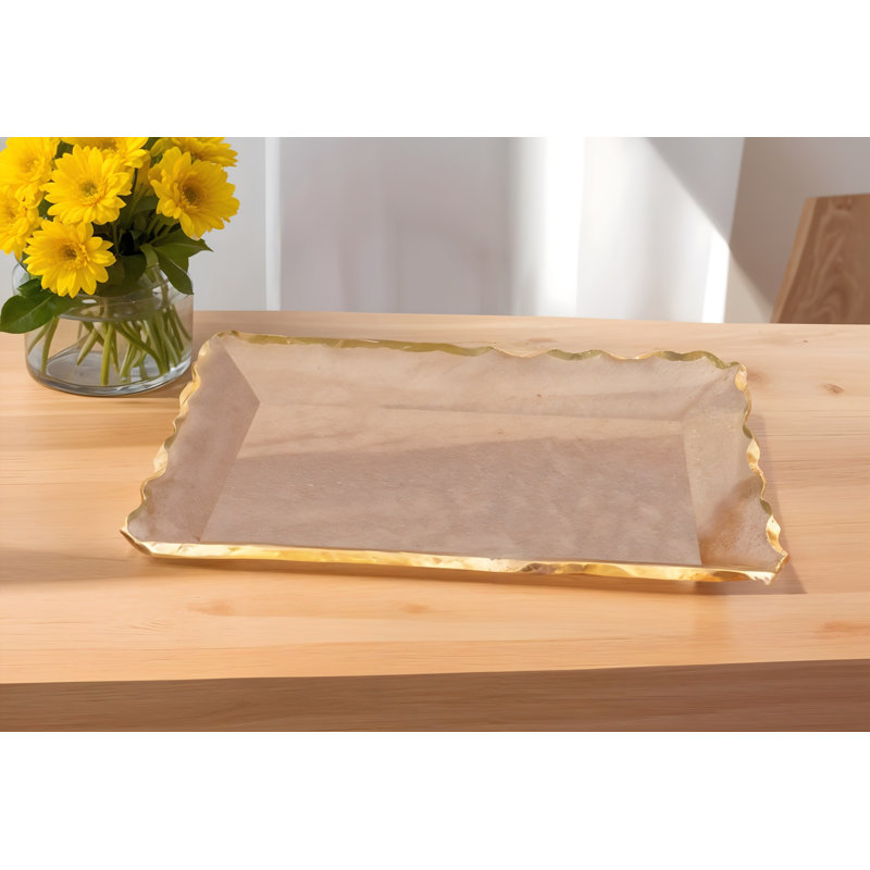 Is-Haaq Bubble Glass Scalloped Gold Rim Rectangular Platter Or Tray