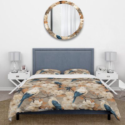 Beige And Blue Bird Flower I Floral Duvet Cover