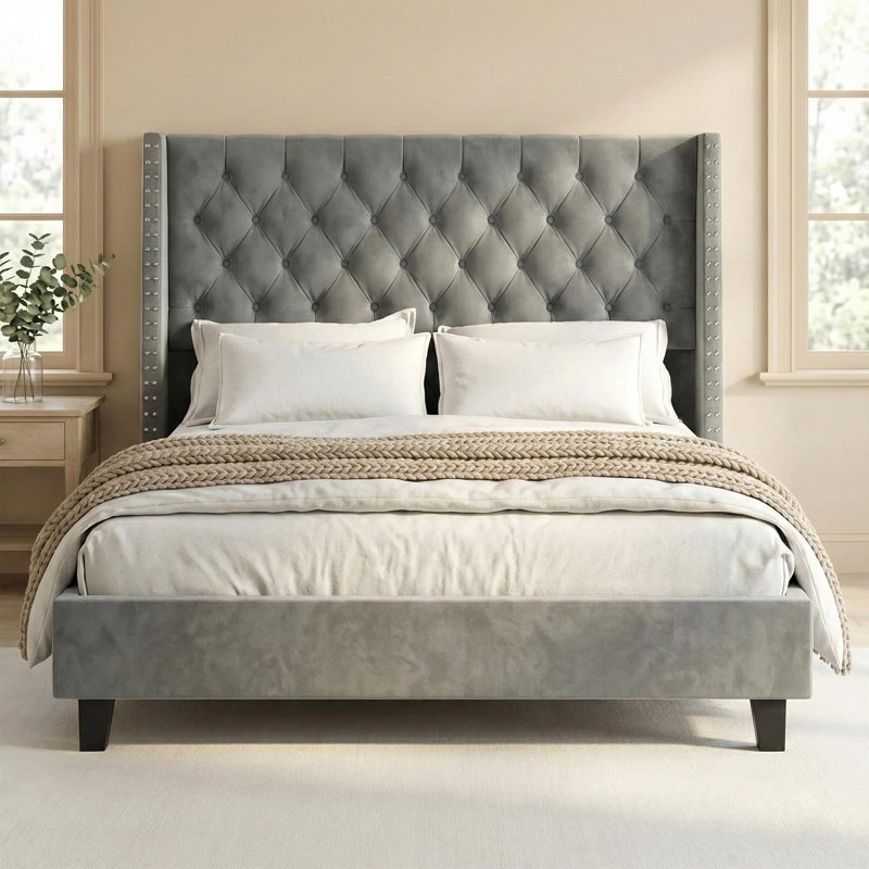 Modern Queen Velvet Upholstered Wingback Bed with Tall Tufted Headboard