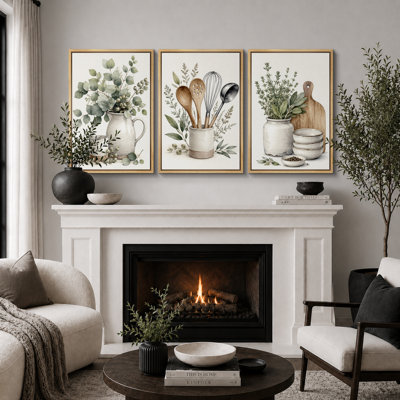 «Rustic Botanical Kitchen Still Life», art de cuisine, impression sur toile encadrée, 3 pièces