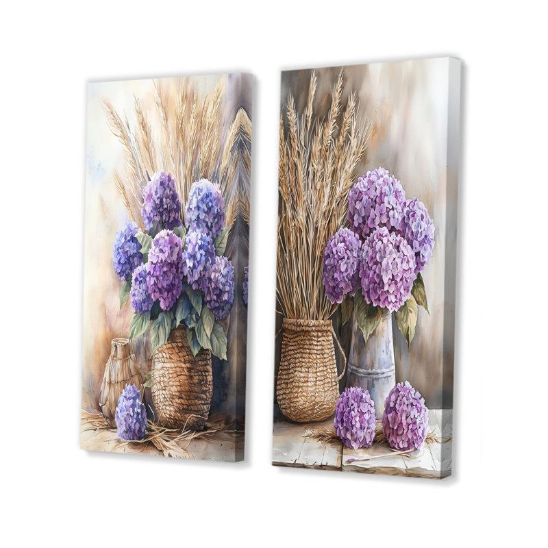 Hortensias et pampas, bouquet de fleurs I - impressions sur toile florales 2 panneaux, Toile tendue, H 32 po x l 33 po