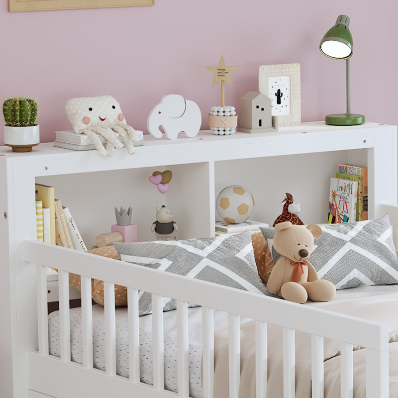 Lit simple avec support de tête de lit, deux tiroirs sous le lit, garde-corps à trois côtés pour la sûreté et la sécurité, blanc