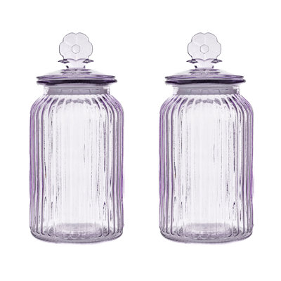 10 Strawberry Street Textured Glass Flower  Canister, Ribbed Round, Lavender, Set Of 2