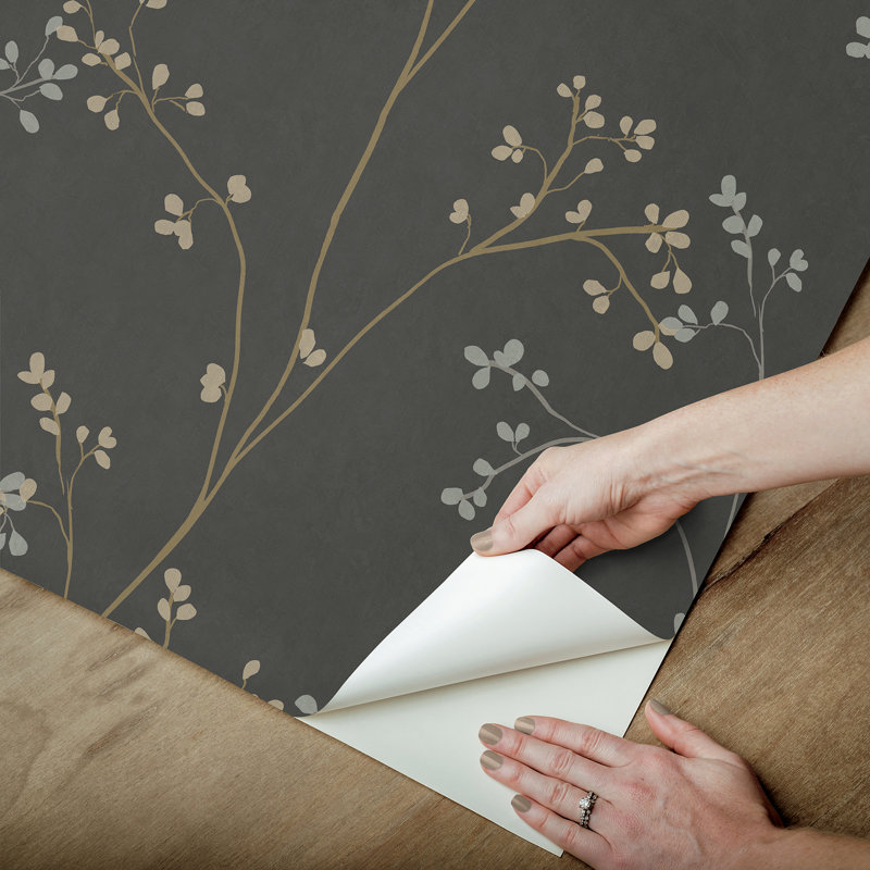 Blossom Stripe Black Peel and Stick Wallpaper, Black
