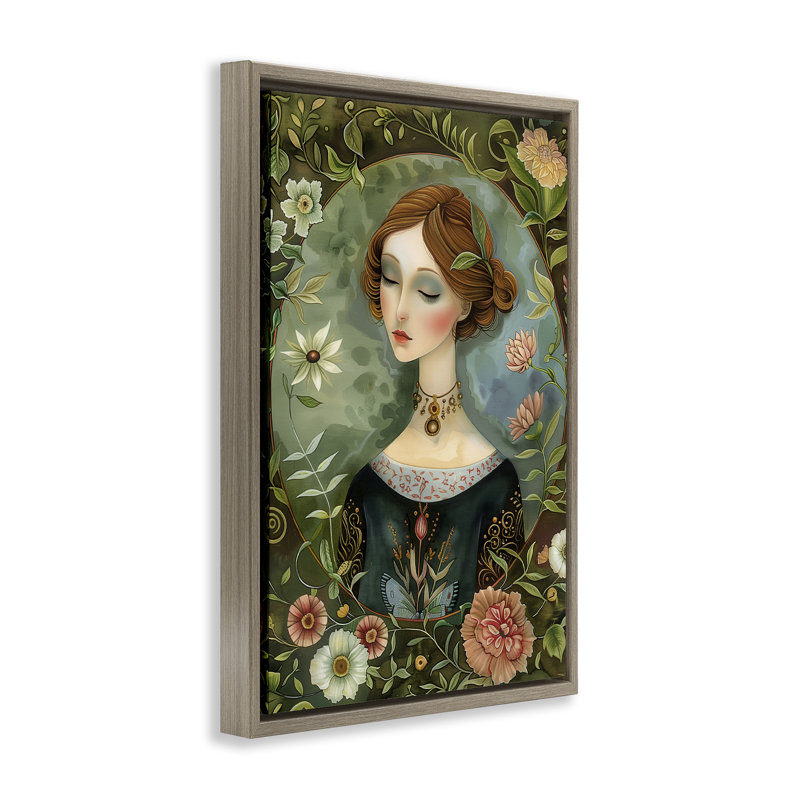 Floral Edged Victorian Woman Floating Frame, design by The Dutch Lady, Montalcino Elm Floater Frame, 25" H x 17" W