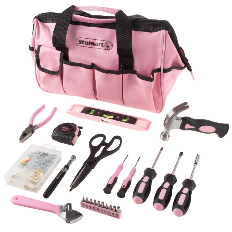 Ensemble d'outils rose Stalwart - Boîte à outils avec sac de transport - Trousse d'outils à domicile avec outils à main et attaches pour les réparations et les projets de bricolage