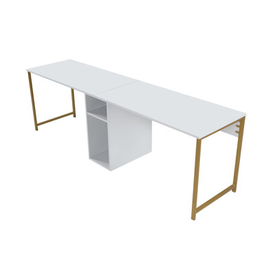 Modern White Study Desk with Gold Accents, 94.5 x 29.1 x 23.6 inches | 100% Melamine Coated Particle Board, 0.7 inches Thick | Electrostatic Powder Coated Metal Legs | Wall-Mountable, Multiple Shelves for Optimal Organization