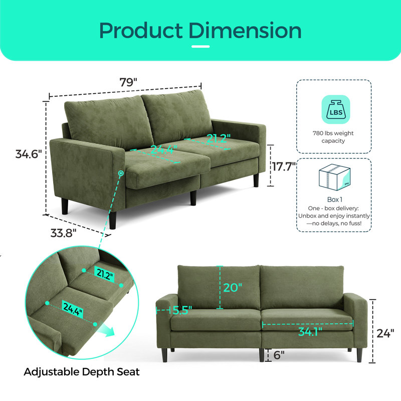 Cozynest 79" Corduroy Square Arm Loveseat, Mila Green Corduroy