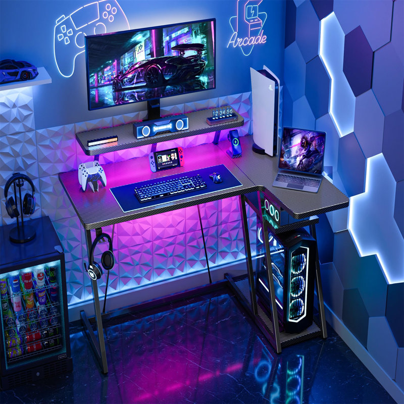 Gaming Table With LED Light, 120Cm Computer Table With Monitor Stand, L-Shaped Table With Headphone Hook, Corner Table With Shelf