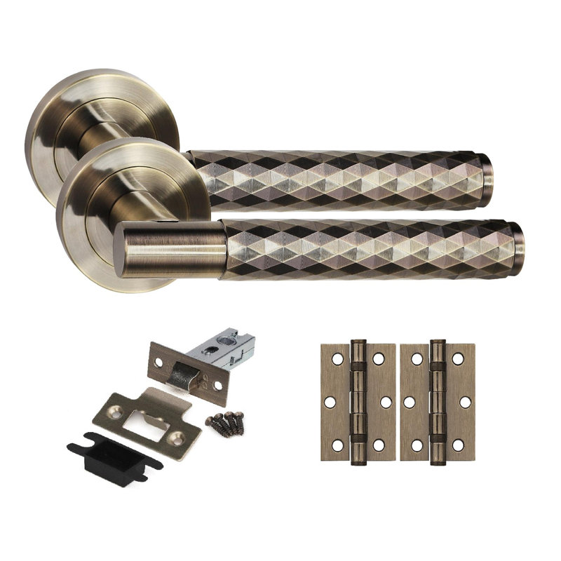 Golden Grace 5 Set Knurled Diamond Cut T-Bar Door Handle Set with Ball Bearing Hinges and Latch