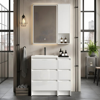 Resin sink freestanding bathroom vanity with one storage cabinet and one small wall cabinet