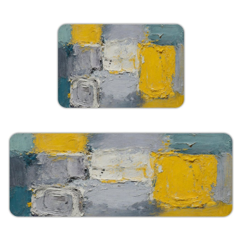 Yellow & Gray Geometric, 2 Count Non Slip Kitchen Mats