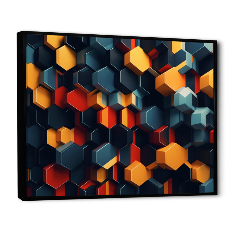 «Orange and Blue Geometric Abstractions I», reproduction d'art sur toile, H 16 po x l 32 po x P 1 po, Cadre flottant noir