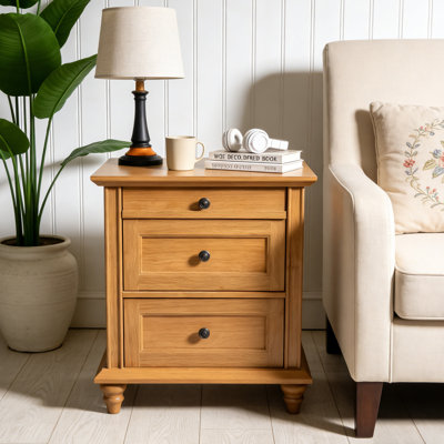 Table de chevet 23,6 po avec 3 tiroirs de rangement, table de chevet avec pieds en bois massif pour la chambre à coucher