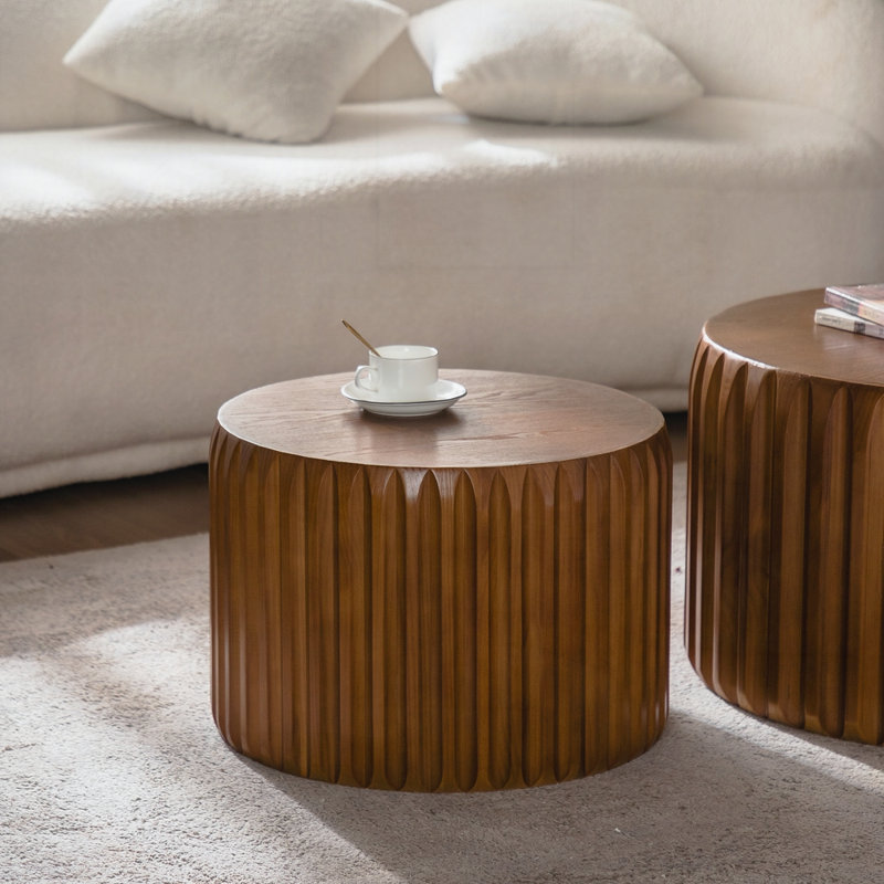 Ensemble de 2 tables basses rondes cannelées - Table gigogne en bois massif et panneau de fibres à densité moyenne (26,77 "/ 19,69"), table basse moderne en bois de style Mid-Century pour le salon / appartement