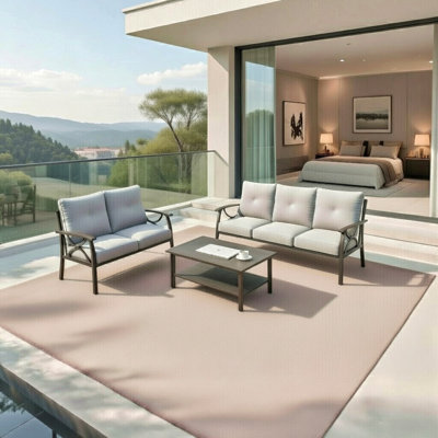 3-Piece Metal Patio Furniture Set, 5-Seat All-Weather Conversation Sofa With 4 Inches Thick Cushions, Frame, Coffee Table For Porch Backyard Garden