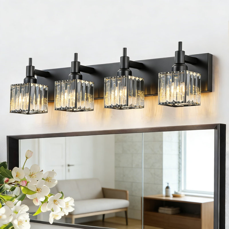 Luminaire de salle de bain moderne en cristal noir avec abat-jour carré, applique murale à 4 lumières pour miroir, conception anti-corrosion et résistante à l'humidité