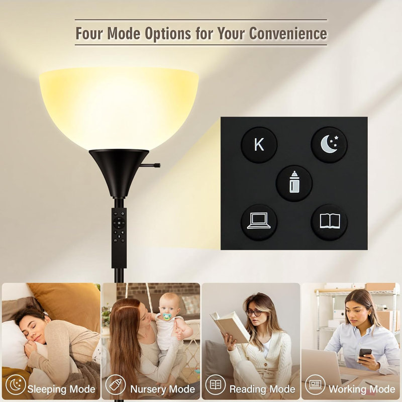 71'' Adjustable Floor Lamp With Remote, 2700K-6500K Color Temperature & Brightness, 10W/1200LM Dimmable LED Torchiere Lamp For Living Room, Bedroom, Office - Black