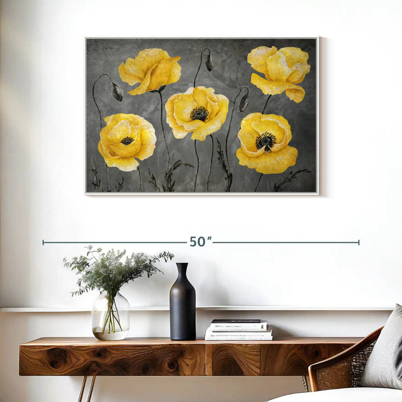 Coquelicots jaunes, Cadre flottant blanc, 37 po x 25 po
