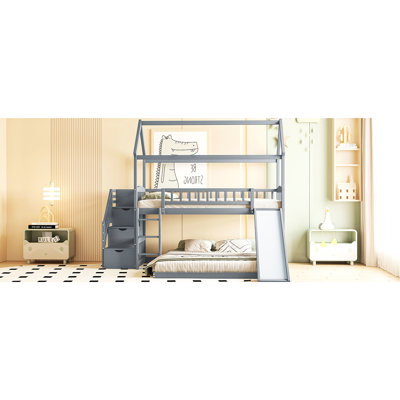 Lit simple au-dessus d'un lit superposé avec glissade - Solution de chambre peu encombrante idéale pour l'organisation et le divertissement