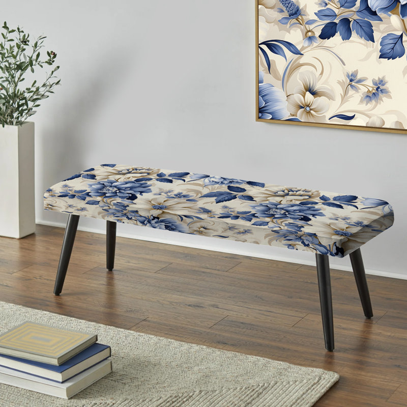 Banc victorien bleu et blanc damassé IV - Banc rembourré damassé noir, Victorian Blue And White Flowers Damask IV