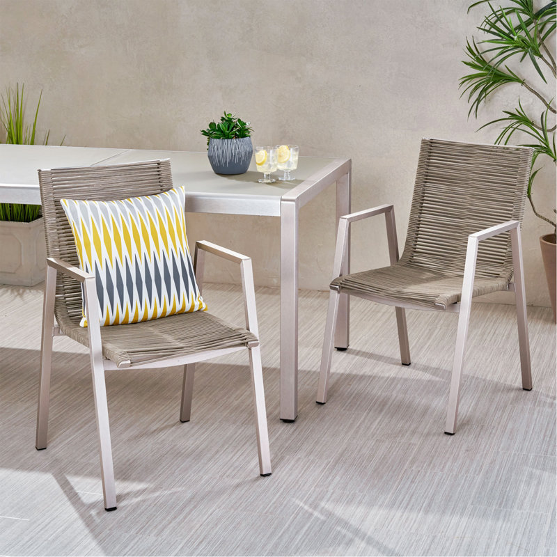 Outdoor Modern Aluminum Dining Chair With Rope Seat (Set Of 2), Silver And Taupe, Taupe