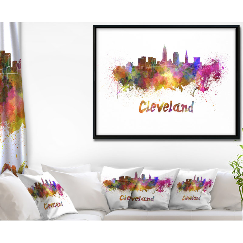 Cityscape Cleveland Skyline - impression d'art graphique, H 16 po x l 32 po x P 1 po, Toile avec cadre flottant