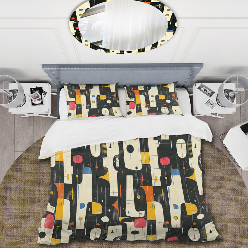 Ensemble de housse de couette orange noir Midcentury Geometric Shapes II - Midcentury