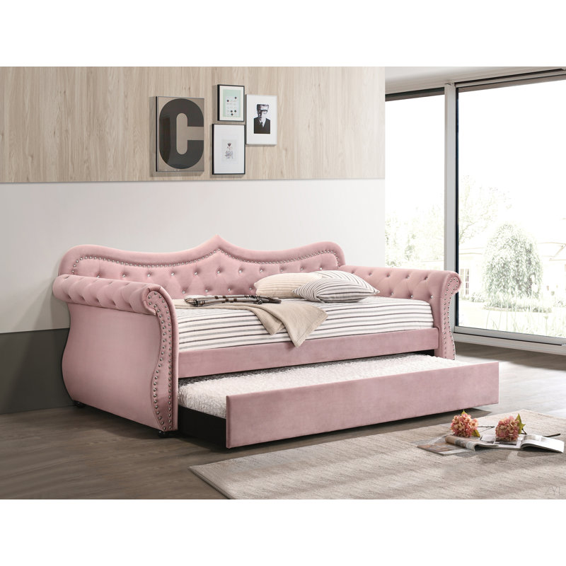 Lit de jour en velours rose avec couchette (simple)