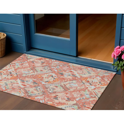 Tapis extérieur lavable à motif géométrique corail et orange 3 pi x 5 pi