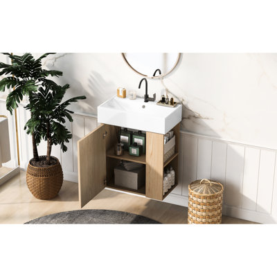 Modern 21.6" Wall - Hung Bathroom Vanity With Aluminum Alloy Handle, Single Hole Faucet Mount, Side Storage For Compact Areas Wave Door, Toilet Paper, Cabinet
