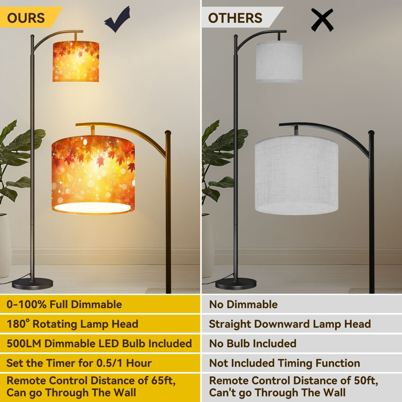 Arc Floor Lamp Autumn leaves maple autumn Floor Lamps with Remote LED Lights Adjustable Lamp Shades Tall Standing Lamps for Reading Office Living Room
