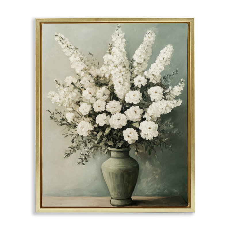 Fleurs blanches dans un cadre flottant dans un vase vert, design par Petal Prints Design, H 31 po x l 25 po