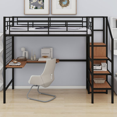 Lit mezzanine en métal avec bureau et grille en métal, garde-robe