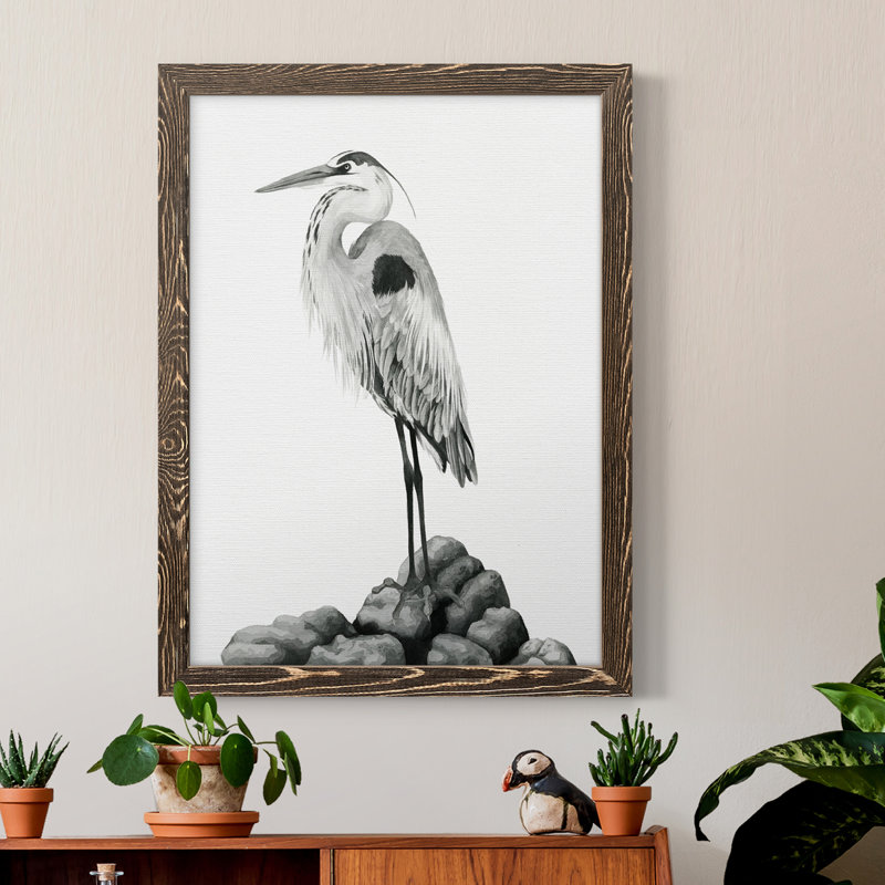 Shoreline Heron en toile encadrée de qualité supérieure - prêt à accrocher, H 38 po x l 28 po x P 1 po, Noyer