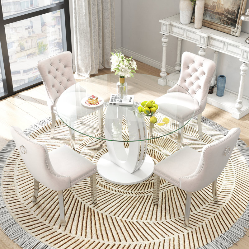 5-Piece Round Pedestal Dining Set, White, Beige