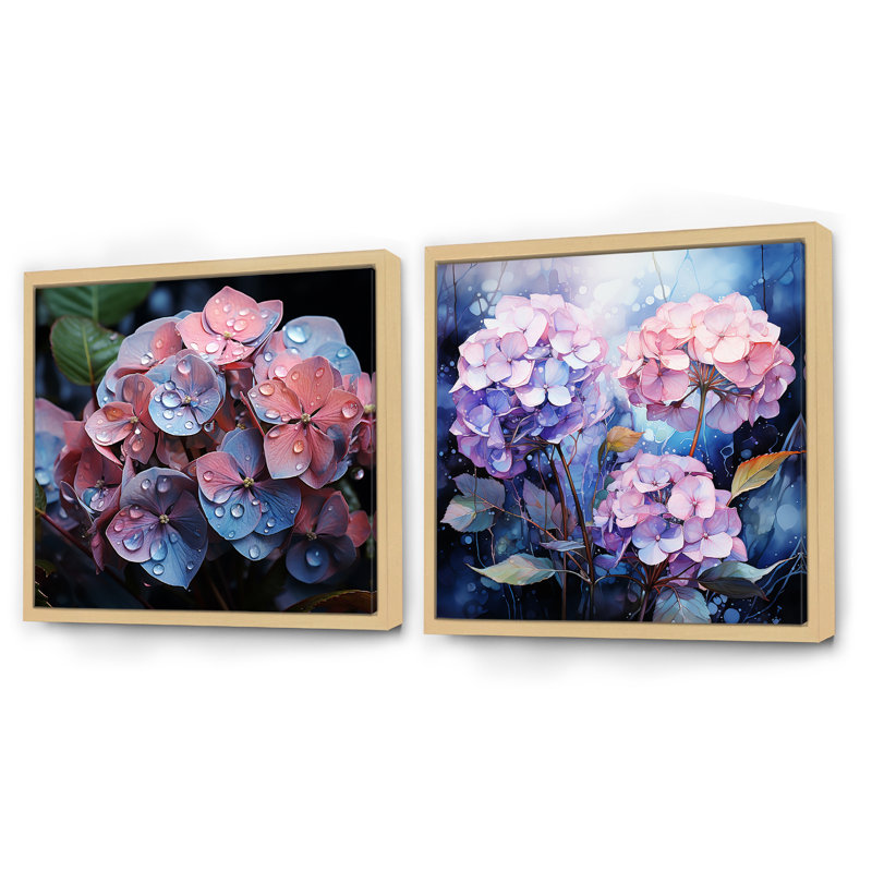 Hortensia rose et bleu, floraison symphonique - ensemble de 2 collages floraux carrés, Cadre flottant brun, H 16 po x l 33 po