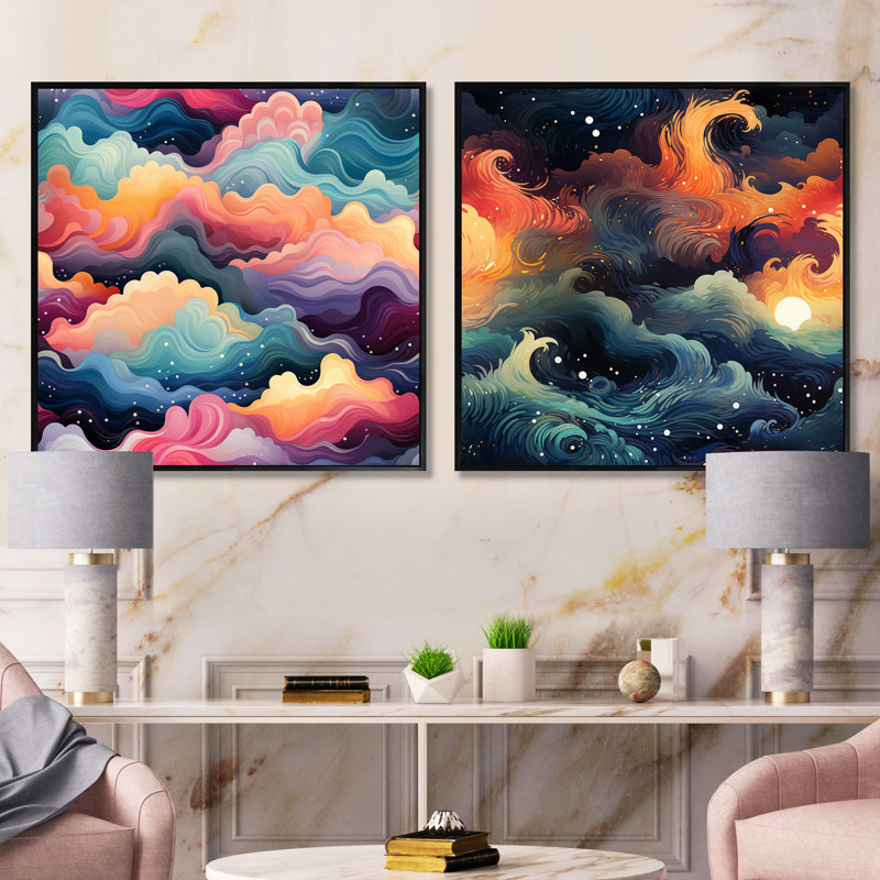 Multicolor Mystical Journey - Ensemble de 2 collages carrés abstraits, Cadre flottant noir, H 30 po x l 61 po