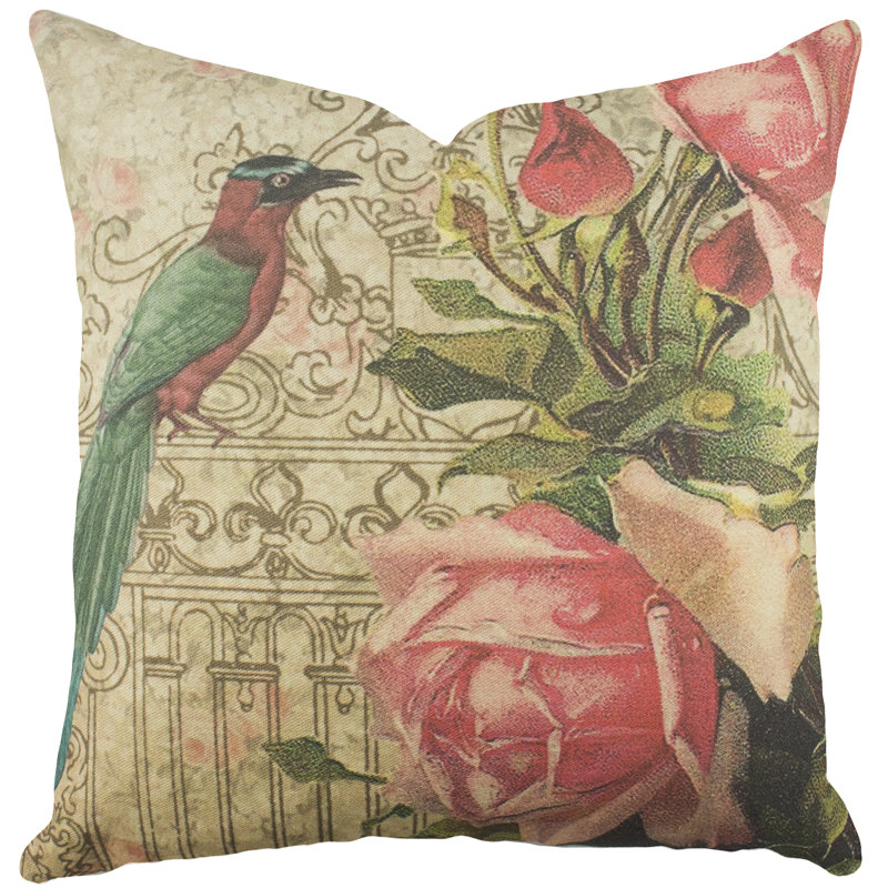  Bird with Roses Cotton Throw Pillow