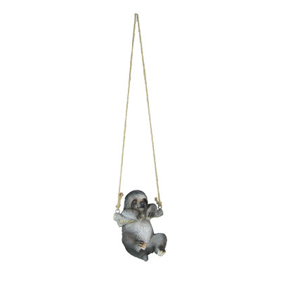 WaKeeney Brown and Gray Hand-Painted Resin Three-Toed Sloth Hanging Statue with Rope Hanger — 5 X 3.75 X 6.25 in., 14.75-in. Drop