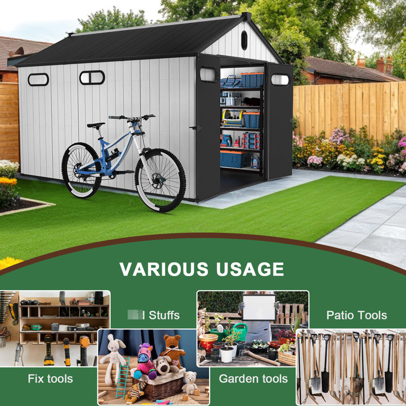 8 pi L x P 12 po Remise de rangement en plastique avec plancher - Structure en Pp durable renforcée d'acier pour une construction robuste pouvant accueillir des outils lourds, une ventilation améliorée et une porte verrouillable naturelle