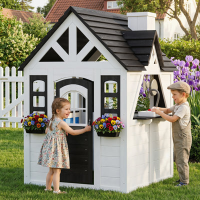Wooden Outdoor Playhouse with Kitchen, Pet Door, Flower Boxes and Chalkboard for Kids