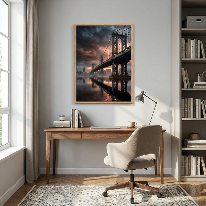 «Suspension Bridge Over Water with City Skyline», art mural, H 36 po x l 24 po