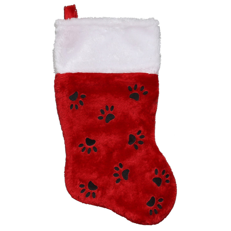 Chaussette de Noël 14 po rouge avec empreintes de pattes noires et revers blanc