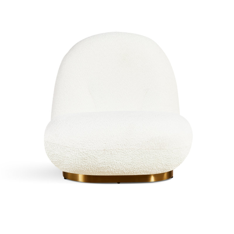 Fauteuil blanc à base dorée avec pivot à 360° en métal, boucle élégante et design ergonomique pour les espaces de vie. Siège confortable et structure en mousse haute densité.